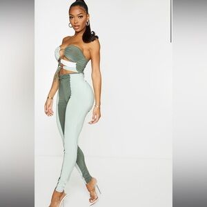 Pretty little thing “shape sage green slinky colour block cut out jumpsuit